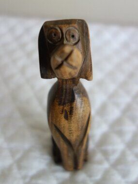 4-1/4” Hand Carved Folk Art Wooden Sitting Dog